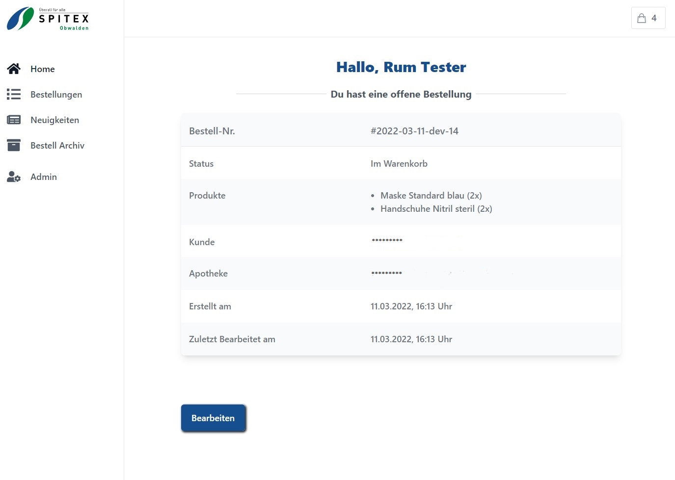 Spitex OW Bestellportal Übersicht